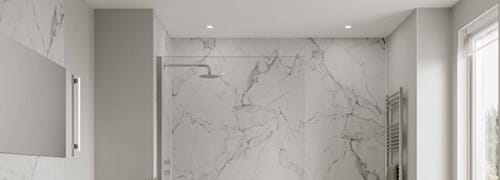 Dove Grey Bathroom wall panels Neutrals Collection paired with Calacatta Marble from the Linda Barker Collection in a large bathroom
